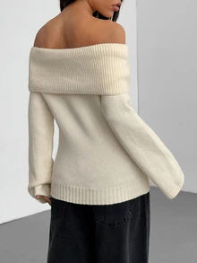 RiviMae Off Shoulder Fold Over Sweater,Long Sleeve Tops Knit Pullover Fall Winter Sweater - Beige - View 3