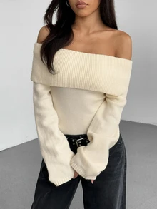 RiviMae Off Shoulder Fold Over Sweater,Long Sleeve Tops Knit Pullover Fall Winter Sweater - Beige - View 4