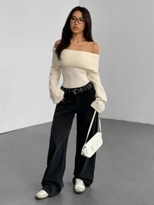 RiviMae Off Shoulder Fold Over Sweater,Long Sleeve Tops Knit Pullover Fall Winter Sweater - Beige - View 7