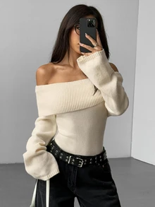 RiviMae Off Shoulder Fold Over Sweater,Long Sleeve Tops Knit Pullover Fall Winter Sweater - Beige - View 5