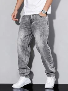 QuarKem Men Vintage Grey Washed Slim Straight Leg Jeans, Y2K Casual Streetwear Loose Fit NonStretch Denim Pants Holiday Vacation Fall Beach - Dark Grey - View 1