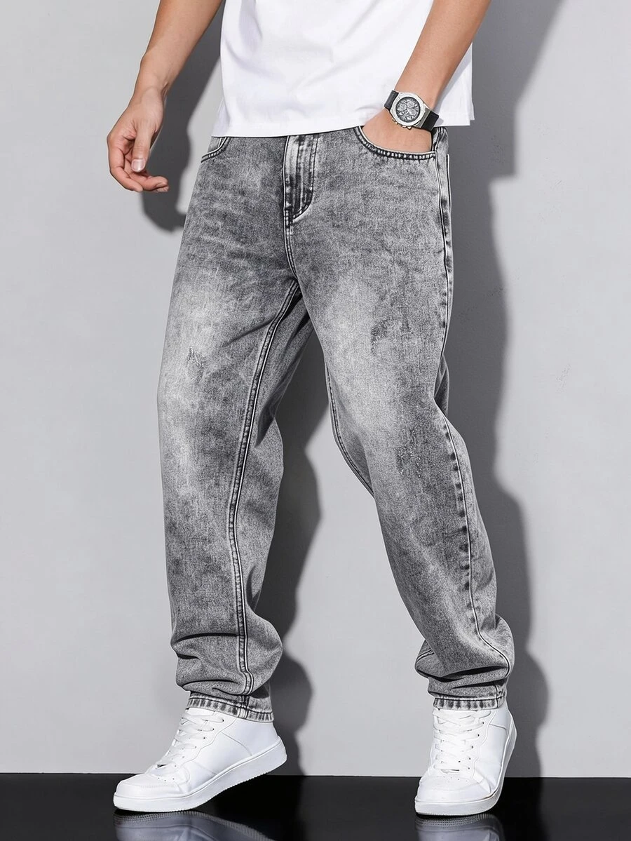 QuarKem Men Vintage Grey Washed Slim Straight Leg Jeans, Y2K Casual Streetwear Loose Fit NonStretch Denim Pants Holiday Vacation Fall Beach - Dark Grey - View 1