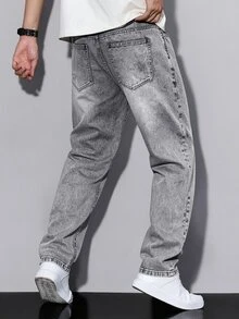 QuarKem Men Vintage Grey Washed Slim Straight Leg Jeans, Y2K Casual Streetwear Loose Fit NonStretch Denim Pants Holiday Vacation Fall Beach - Dark Grey - View 2