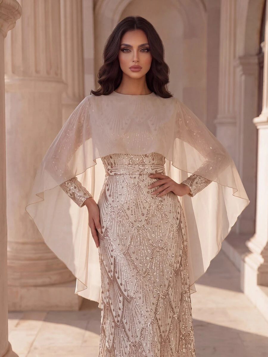Coutiva Women Sequin Patchwork Ruffle Hem Formal Evening Gown,Chiffon Splicing Waist Dress With Detachable Belt For Wedding Guest&Opening Ceremonies - Champagne - View 1