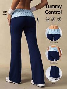 VARSIVA Women's Casual Comfortable Polka Dot Decor Waist Color Block Sports Long Pants - Navy Blue - View 1