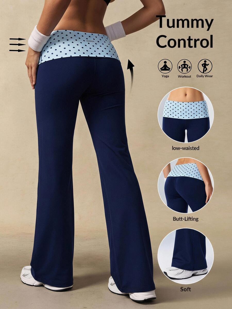 VARSIVA Women's Casual Comfortable Polka Dot Decor Waist Color Block Sports Long Pants - Navy Blue - View 1