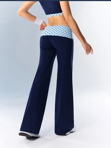 VARSIVA Women's Casual Comfortable Polka Dot Decor Waist Color Block Sports Long Pants - Navy Blue - View 4