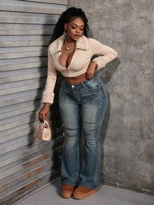 Slaydiva Plus Size Women's High Waist Flare Denim Jeans With Star And Stud Embellishment, Ripped Distressed Blue Halloween Christmas Jeans With Glitter - Medium Wash - View 3