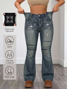 Slaydiva Plus Size Women's High Waist Flare Denim Jeans With Star And Stud Embellishment, Ripped Distressed Blue Halloween Christmas Jeans With Glitter - Medium Wash - View 1