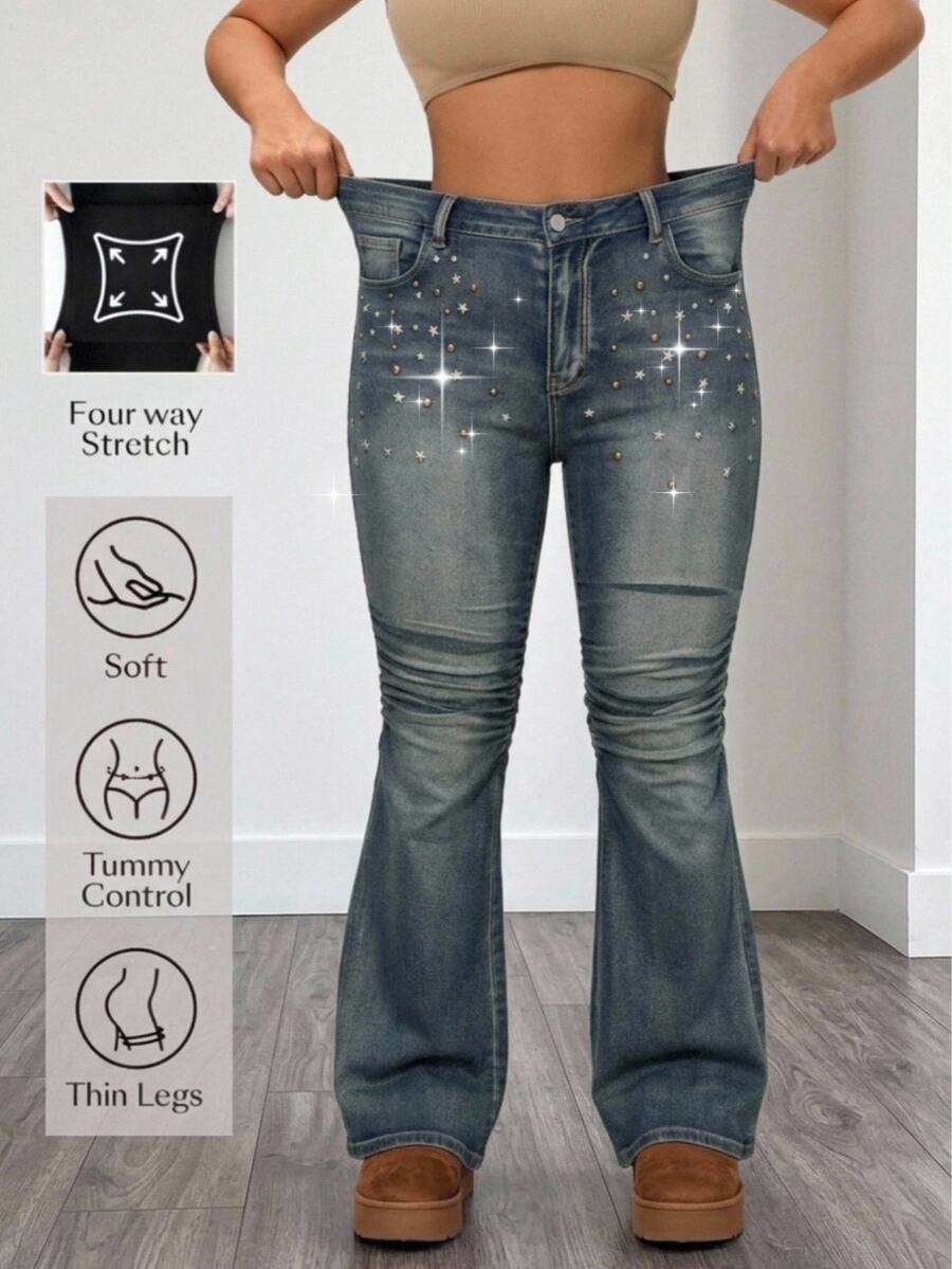 Slaydiva Plus Size Women's High Waist Flare Denim Jeans With Star And Stud Embellishment, Ripped Distressed Blue Halloween Christmas Jeans With Glitter - Medium Wash - View 1