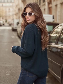 Anewsta Women's French Minimalist Style Knit Sweater, Versatile Commuter Work Pullover Top, Autumn/Winter - Army Green - View 2