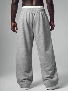 STYNVO Plus Size Men's Star & Moon Embroidery Sweatpants,Gray,Autumn,Streetwear,Workout,Loose Wide Leg Pants With Contrast Piping & Drawstring Waist,Vintage - Light Grey - View 2