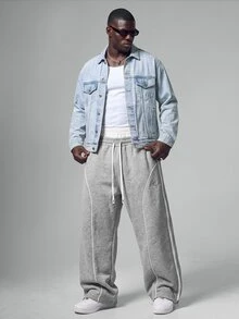 STYNVO Plus Size Men's Star & Moon Embroidery Sweatpants,Gray,Autumn,Streetwear,Workout,Loose Wide Leg Pants With Contrast Piping & Drawstring Waist,Vintage - Light Grey - View 3