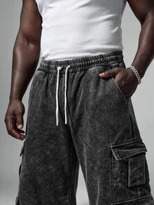 STYNVO Men's Plus Size Casual Street Street Sweatpants With Multiple Cargo Pockets And Drawstring Waist Vacation Gray Summer Beach Vacation - Black - View 3