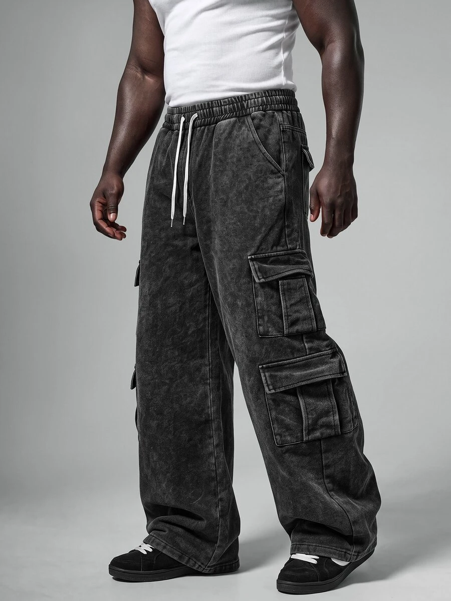 STYNVO Men's Plus Size Casual Street Street Sweatpants With Multiple Cargo Pockets And Drawstring Waist Vacation Gray Summer Beach Vacation - Black - View 1