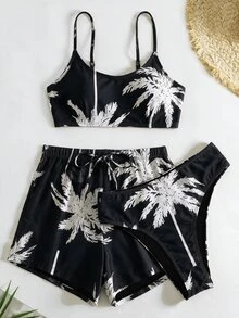 SHEIN Swim 女士夏季沙滩棕榈树印花比基尼套装，含短裤，随机印花 - 黑色 - 查看 6