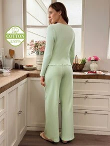 Snug Reverie Autumn/Winter Pure Cotton Ribbed Knit Lace Trim Pajama Set, 2 Pieces - Green - View 2