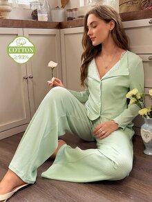 Snug Reverie Autumn/Winter Pure Cotton Ribbed Knit Lace Trim Pajama Set, 2 Pieces - Green - View 3