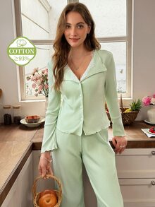 Snug Reverie Autumn/Winter Pure Cotton Ribbed Knit Lace Trim Pajama Set, 2 Pieces - Green - View 5