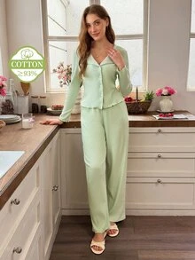 Snug Reverie Autumn/Winter Pure Cotton Ribbed Knit Lace Trim Pajama Set, 2 Pieces - Green - View 4
