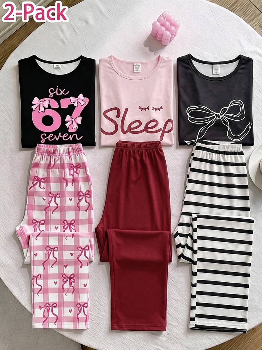 4件組女孩青少年居家服套裝,長袖拼接印花上衣搭配全數位印花長褲,牛奶絲面料舒適家居服 - 粉色 - 查看 1