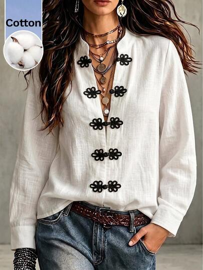 SHEIN New Chinese Style Frog Button Pure Cotton Casual Elegant Daily Brunch Tea Party Commute Women's Shirt White Fall