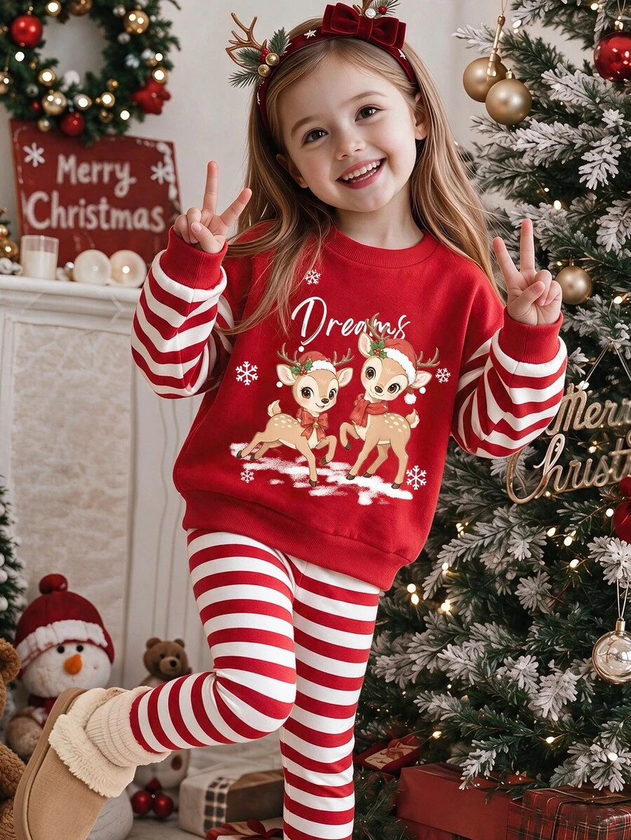 幼女 2 件組聖誕馴鹿印花圓領衛衣長褲套裝,紅白色,聖誕套裝,適合媽媽與女兒搭配,7 歲生日,秋季 - 彩色 - 查看 1