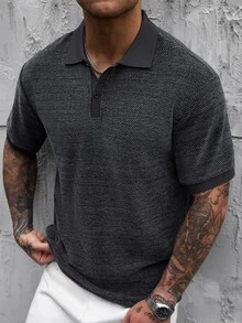 Manfinity CasualCool 男士休閒半開襟鈕扣短袖 Polo 衫，正式款 - 黑色 - 查看 4