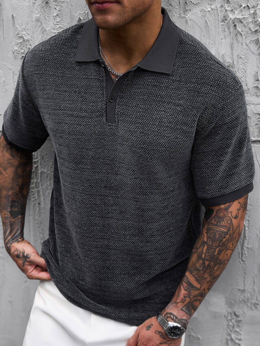 Manfinity CasualCool Men's Casual Button Half-Placket Short Sleeve Polo Shirt, Formal - Black - View 1
