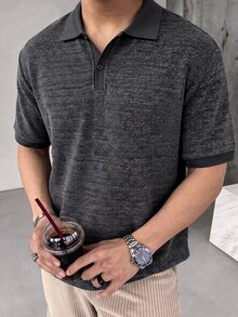Manfinity CasualCool 男士休閒半開襟鈕扣短袖 Polo 衫，正式款 - 黑色 - 查看 1