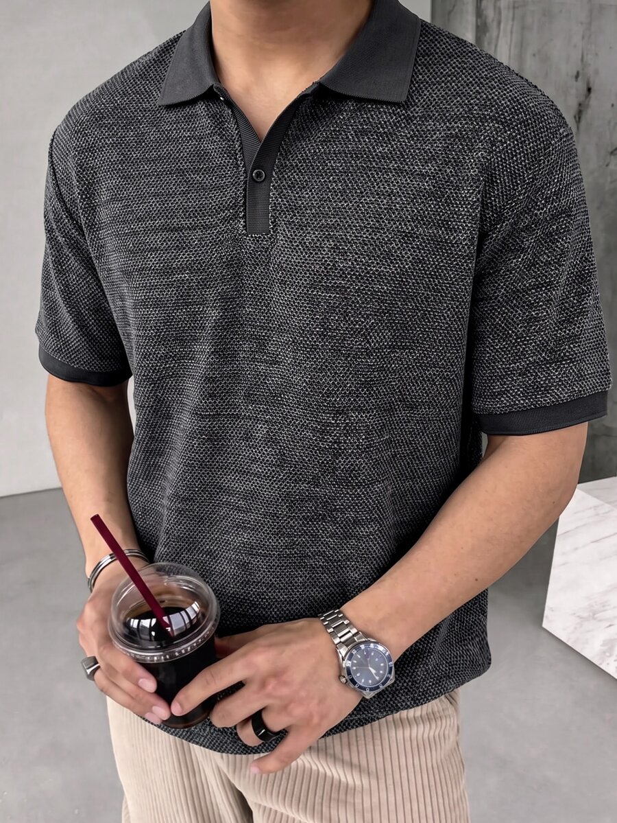 Manfinity CasualCool 男士休閒半開襟鈕扣短袖 Polo 衫,正式款 - 黑色 - 查看 1