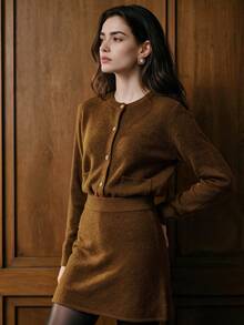 Lost Ink Brown A-Line Knit Mini Skirt With Ribbed Waistband - Rust Brown - View 3