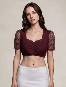 Fairmaia 德國傳統文化女款蕾絲拼接短袖上衣 泰國度假 杜拜度假 酒紅色 秋季 - 酒紅色 - 查看 1