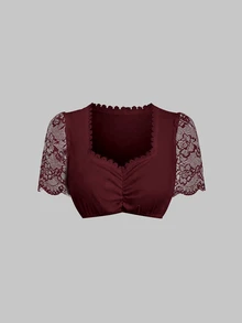 Fairmaia 德國傳統文化女款蕾絲拼接短袖上衣 泰國度假 杜拜度假 酒紅色 秋季 - 酒紅色 - 查看 3