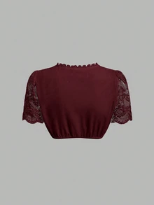 Fairmaia 德國傳統文化女款蕾絲拼接短袖上衣 泰國度假 杜拜度假 酒紅色 秋季 - 酒紅色 - 查看 2