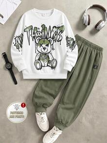 SHEIN 2pcs/Set Kids Tween Boy Casual Sports Versatile Street Style Splatter Tie-Dye Gradient Large Letter Cute Bear Pattern Contrast Color Hoodie Jacket And Pants Set, Suitable For Commuting, School, Daily Casual, Vacation, Travel, Sports, Autumn/Winter - Army Green - View 1