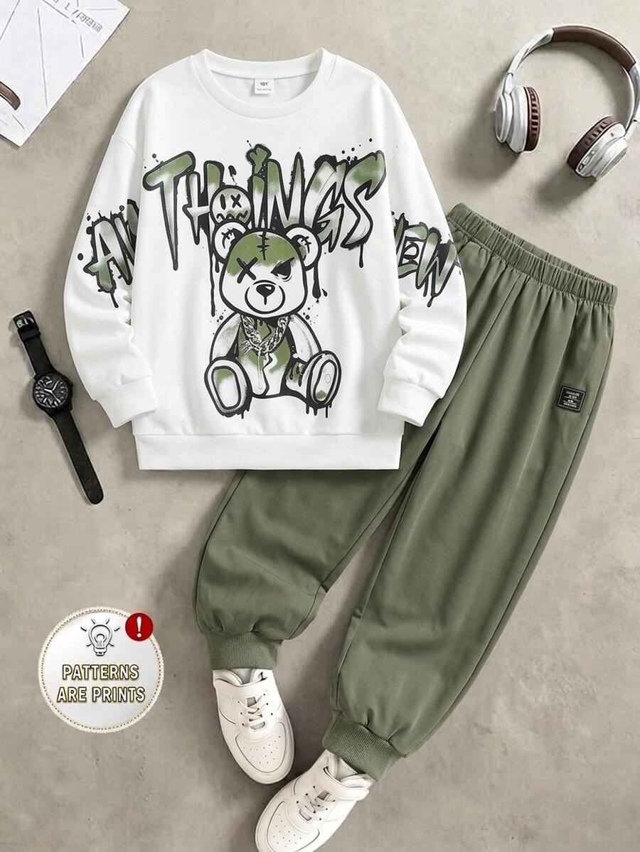 SHEIN 2pcs/Set Kids Tween Boy Casual Sports Versatile Street Style Splatter Tie-Dye Gradient Large Letter Cute Bear Pattern Contrast Color Hoodie Jacket And Pants Set, Suitable For Commuting, School, Daily Casual, Vacation, Travel, Sports, Autumn/Winter - Army Green - View 1