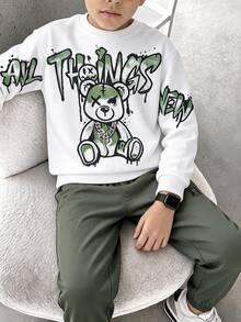 SHEIN 2pcs/Set Kids Tween Boy Casual Sports Versatile Street Style Splatter Tie-Dye Gradient Large Letter Cute Bear Pattern Contrast Color Hoodie Jacket And Pants Set, Suitable For Commuting, School, Daily Casual, Vacation, Travel, Sports, Autumn/Winter - Army Green - View 4