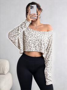 Elenzga Plus Size Women's Asymmetric Collar Long Sleeve Cropped Casual T-Shirt, Leopard Print, SpringAutumn Fall - Chocolate Brown - View 3