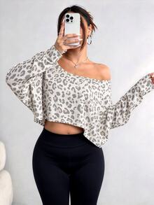 Elenzga Plus Size Women's Asymmetric Collar Long Sleeve Cropped Casual T-Shirt, Leopard Print, SpringAutumn Fall - Chocolate Brown - View 1