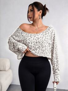 Elenzga Plus Size Women's Asymmetric Collar Long Sleeve Cropped Casual T-Shirt, Leopard Print, SpringAutumn Fall - Chocolate Brown - View 4