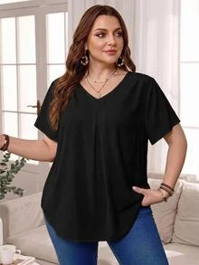 Rosumi Plus Size V-Neck Ruched Summer Short Sleeve Casual Solid Dressy Top, Black Smart Casual Everyday Work , Fashionable Country Vacation Wear - Black - View 8