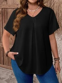 Rosumi Plus Size V-Neck Ruched Summer Short Sleeve Casual Solid Dressy Top, Black Smart Casual Everyday Work , Fashionable Country Vacation Wear - Black - View 3