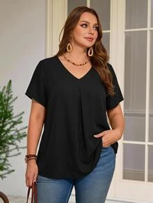 Rosumi Plus Size V-Neck Ruched Summer Short Sleeve Casual Solid Dressy Top, Black Smart Casual Everyday Work , Fashionable Country Vacation Wear - Black - View 7