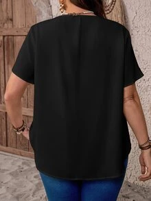 Rosumi Plus Size V-Neck Ruched Summer Short Sleeve Casual Solid Dressy Top, Black Smart Casual Everyday Work , Fashionable Country Vacation Wear - Black - View 9