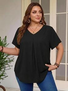 Rosumi Plus Size V-Neck Ruched Summer Short Sleeve Casual Solid Dressy Top, Black Smart Casual Everyday Work , Fashionable Country Vacation Wear - Black - View 1