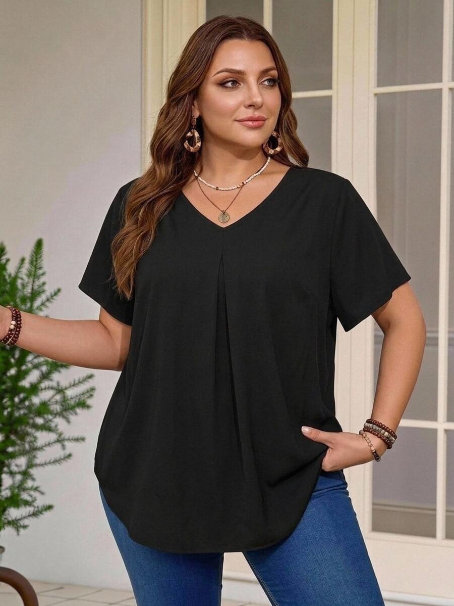 Rosumi Plus Size V-Neck Ruched Summer Short Sleeve Casual Solid Dressy Top, Black Smart Casual Everyday Work , Fashionable Country Vacation Wear - Black - View 1
