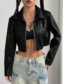 StreetHx Halloween Cropped Leather Zipper Jacket, Suitable For Autumn And Winter - Black - View 4