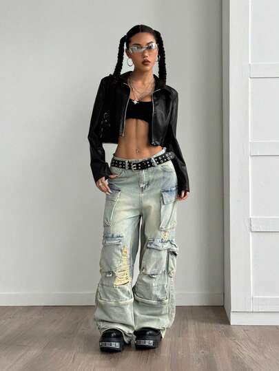 StreetHx Halloween Cropped Leather Zipper Jacket, Suitable For Autumn And Winter