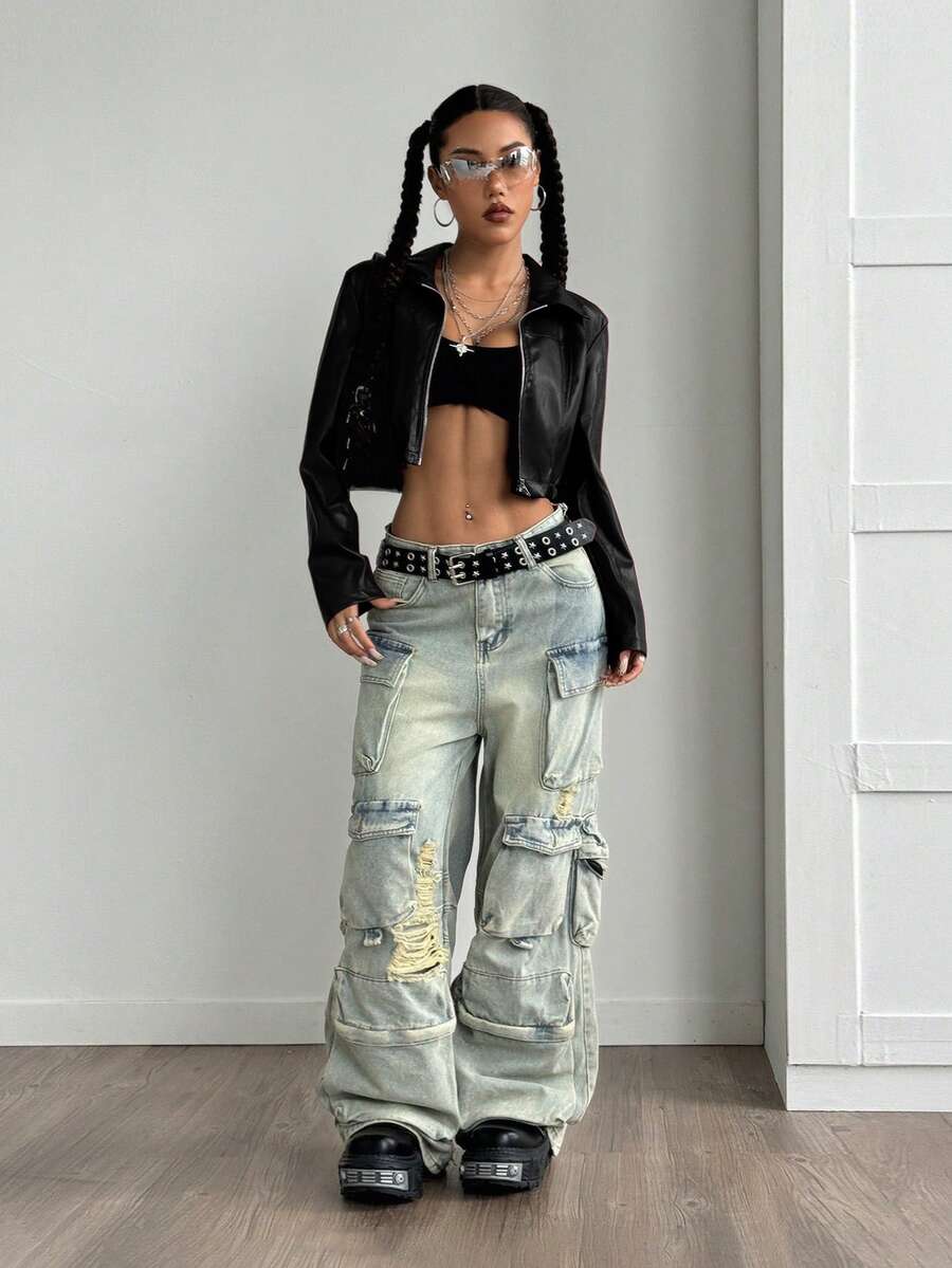 StreetHx Halloween Cropped Leather Zipper Jacket, Suitable For Autumn And Winter - Black - View 1